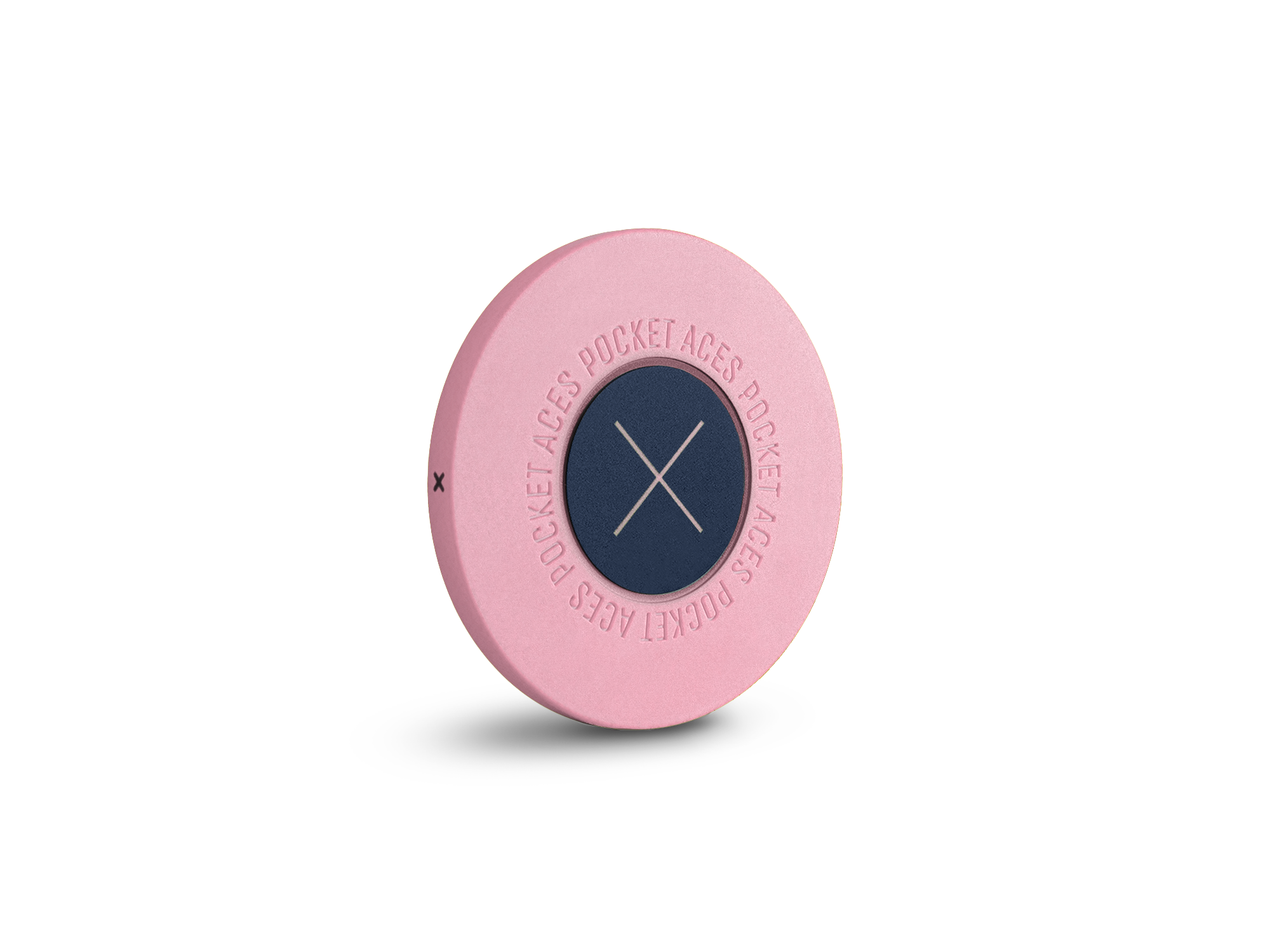 A bubblegum colored poker chip standing on it's edge