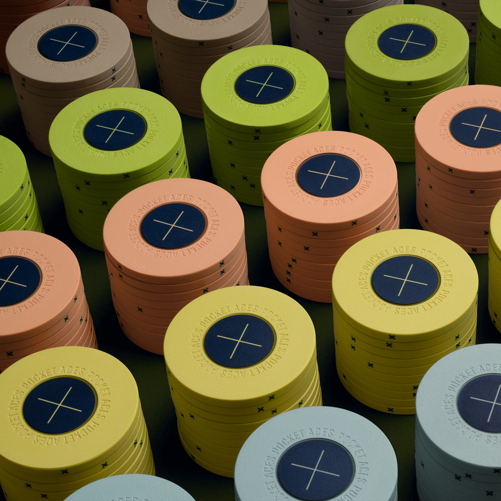 Rows of multi colored poker chips