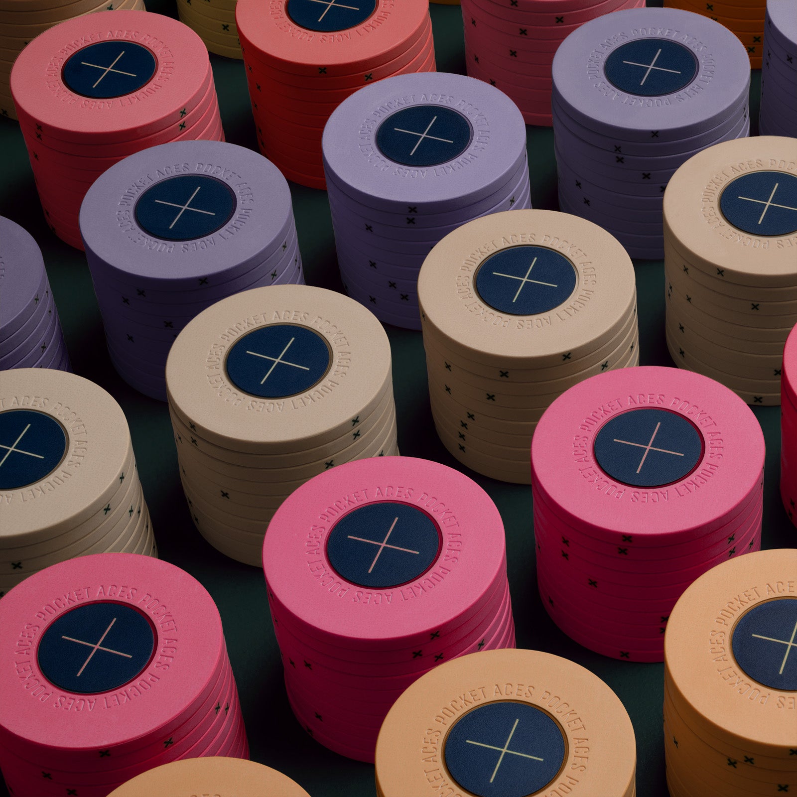 Rows of multi colored poker chips