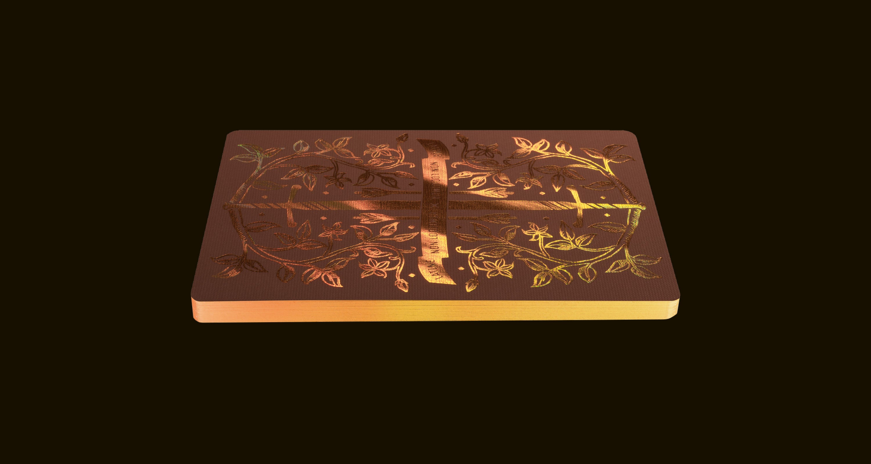 A brown playing card back on a dark brown background