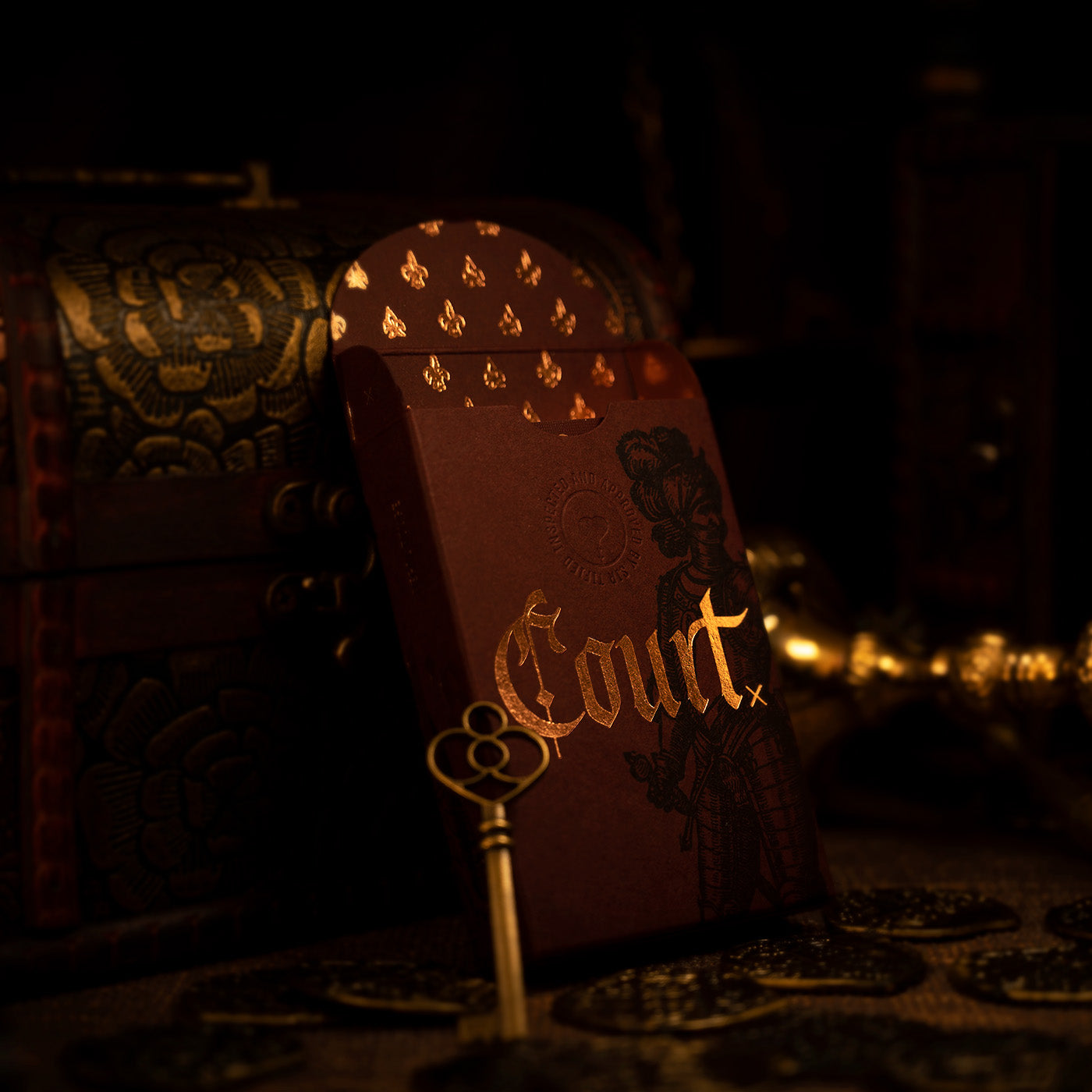 A playing card box with medieval styling
