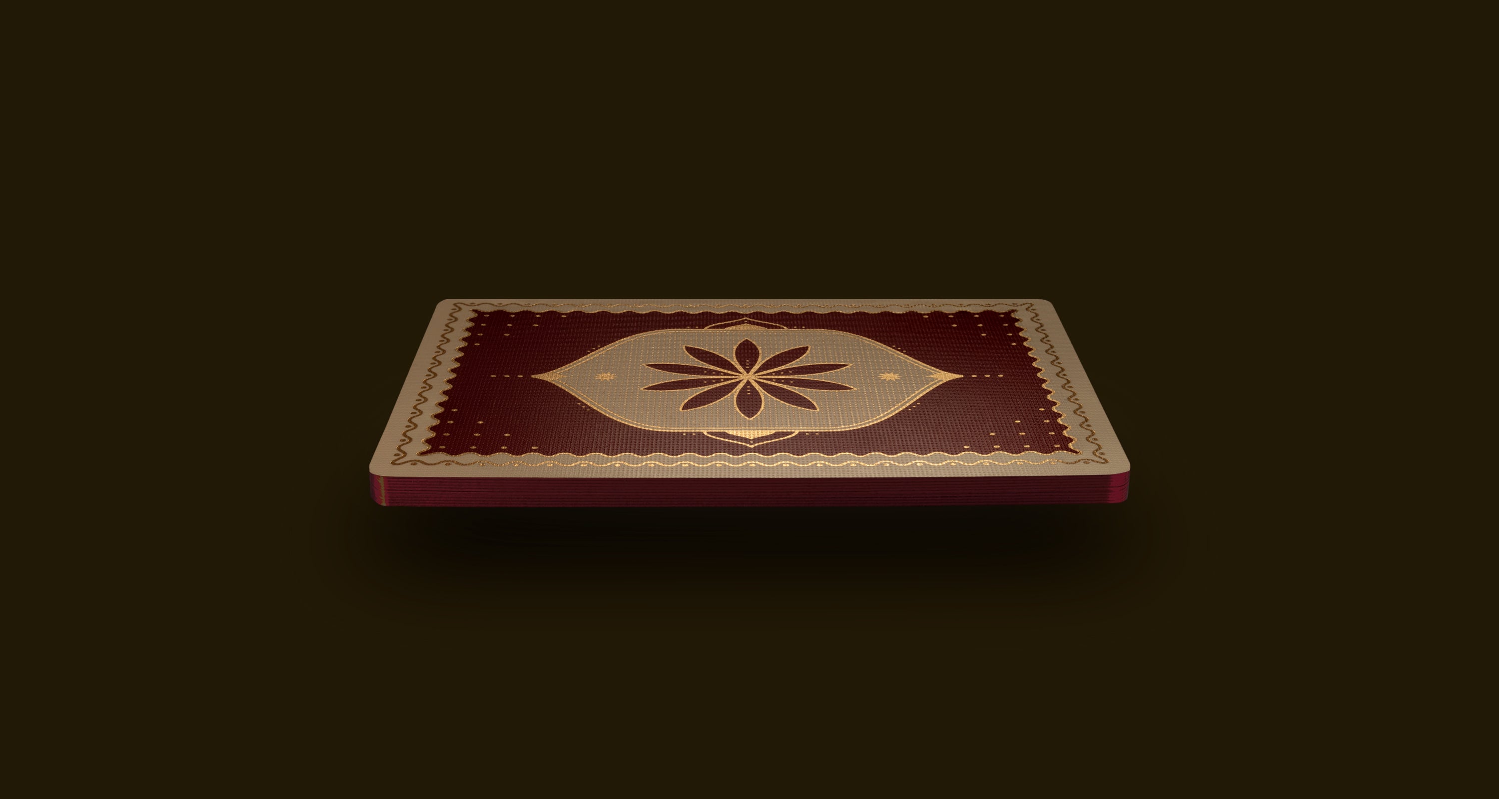 A floating card back on a brown background