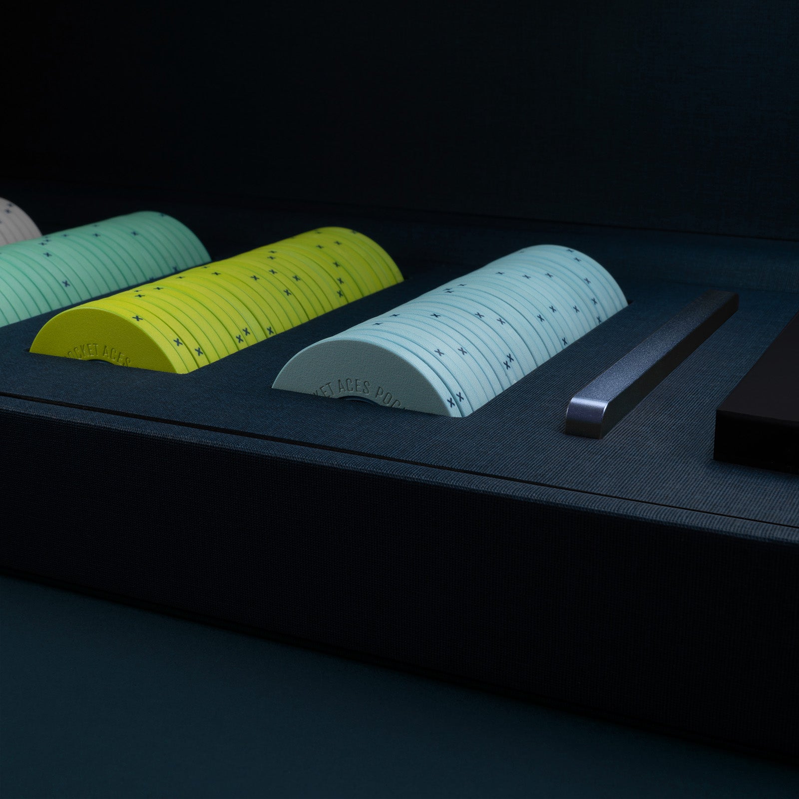 Poker chips in a beautifully textured case