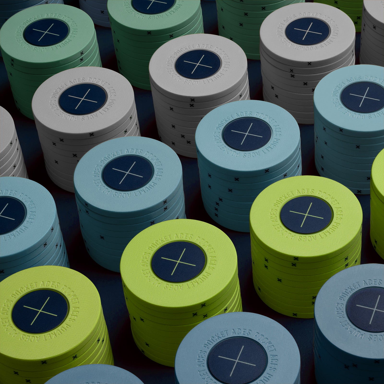 Rows of multi colored poker chips