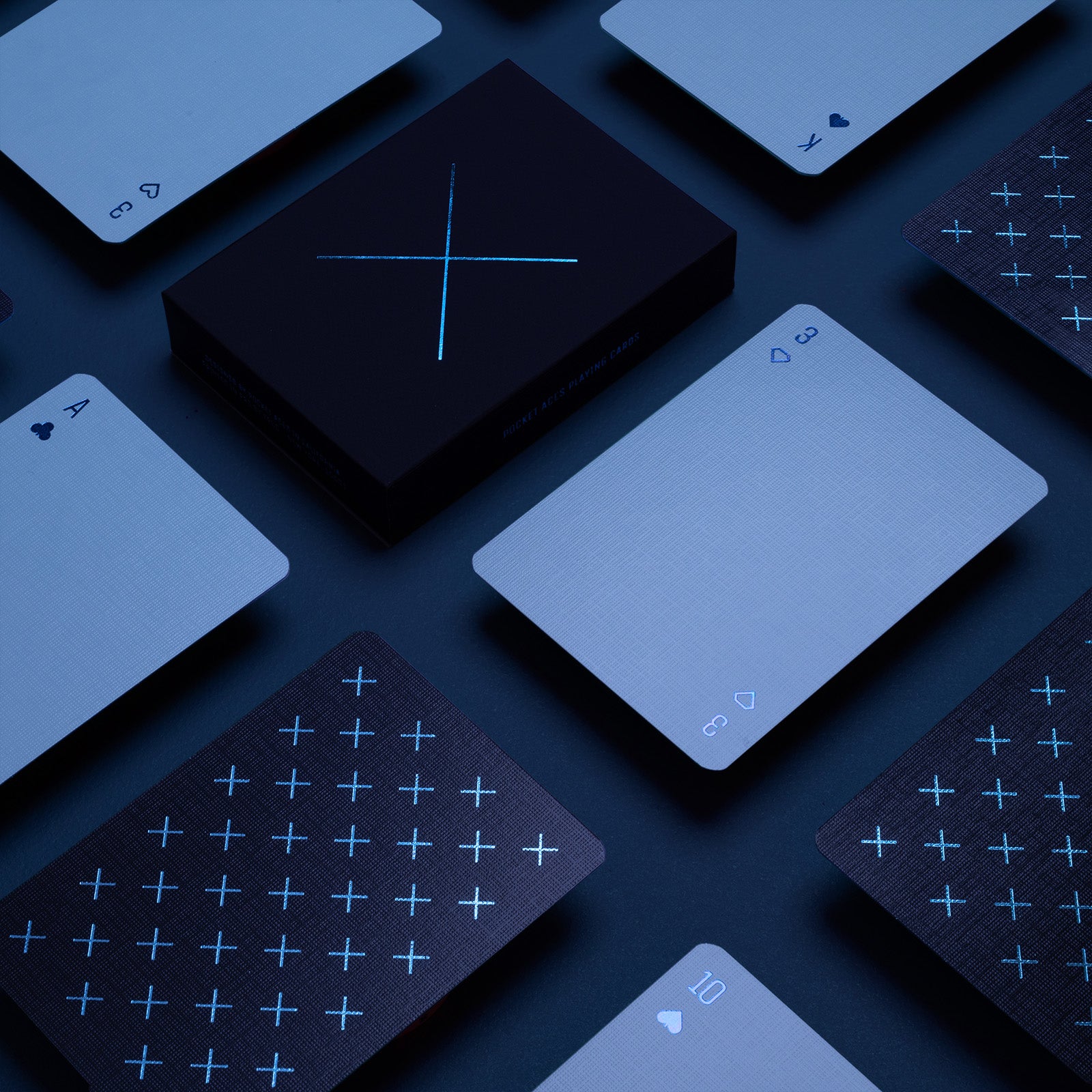 A photo of a blue deck of cards on a table