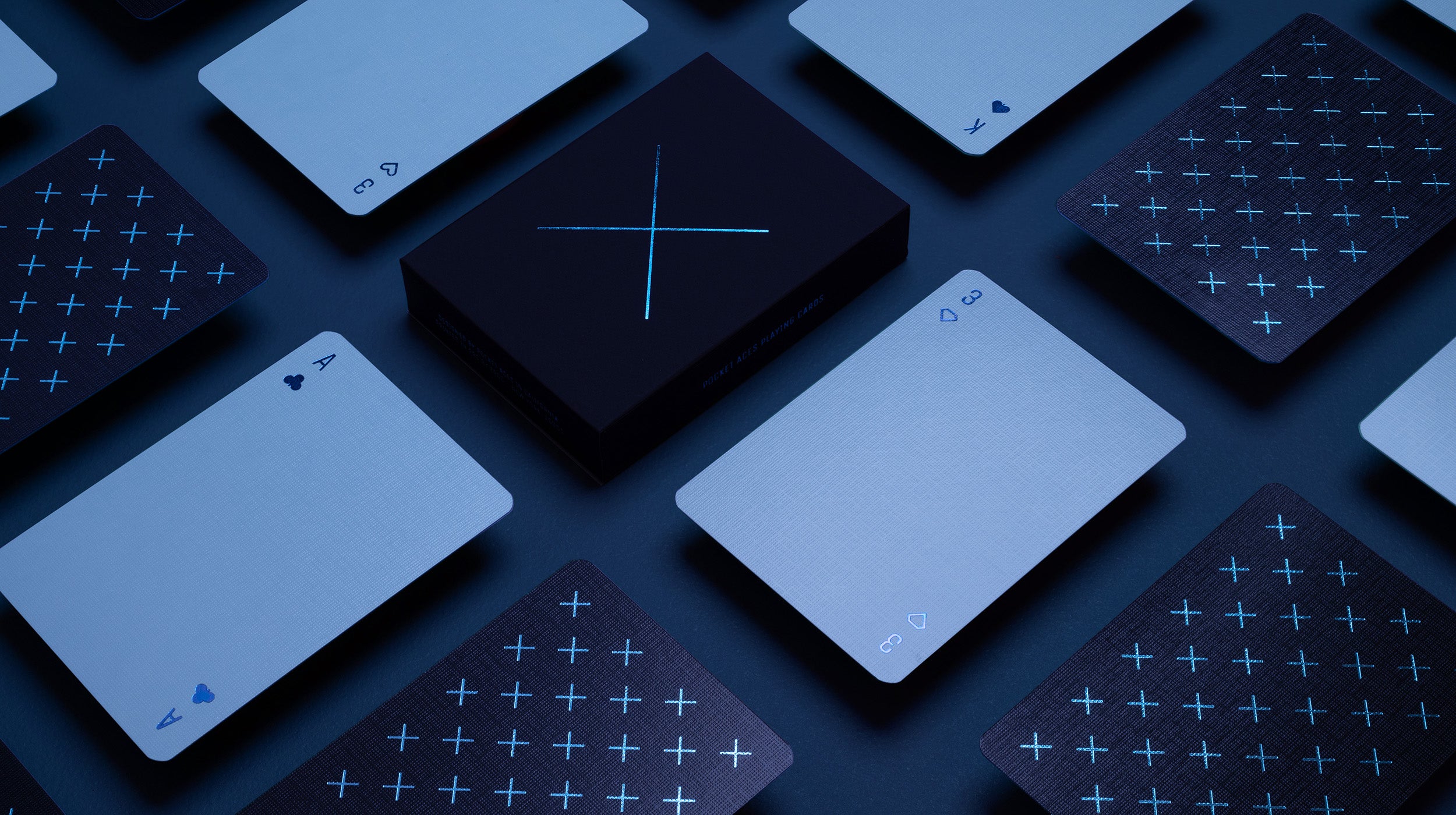 A photo of a blue deck of cards on a table