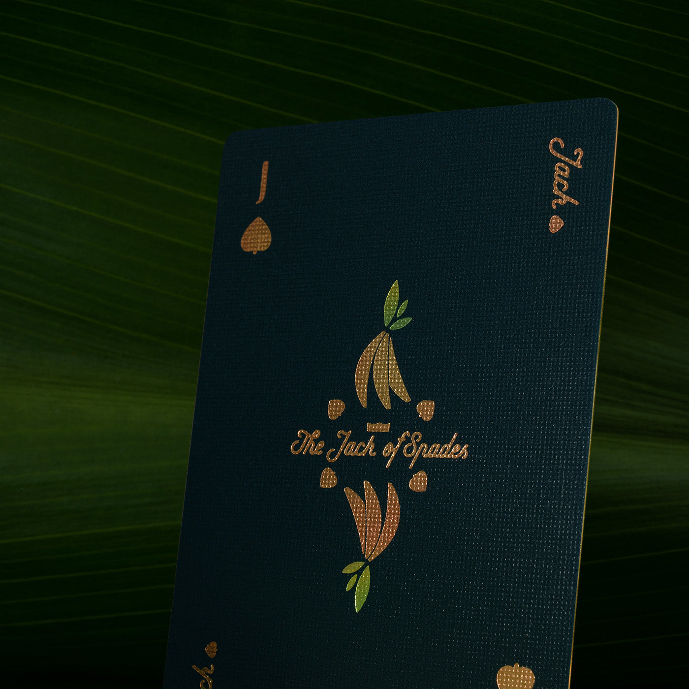A playing card against a backdrop of palm fronds