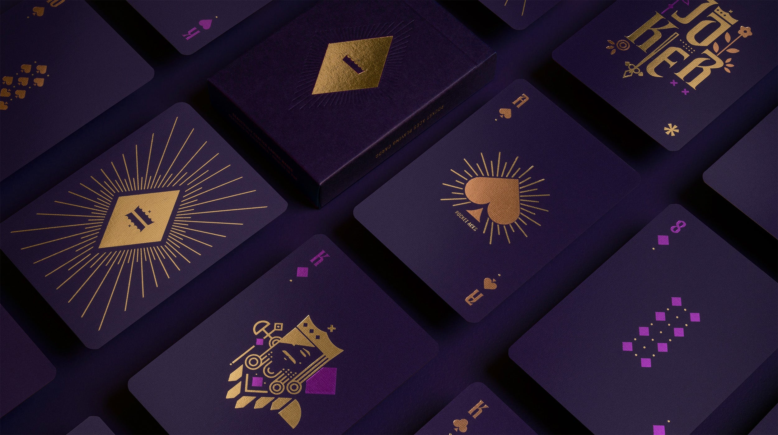 A purple deck of playing cards on a table