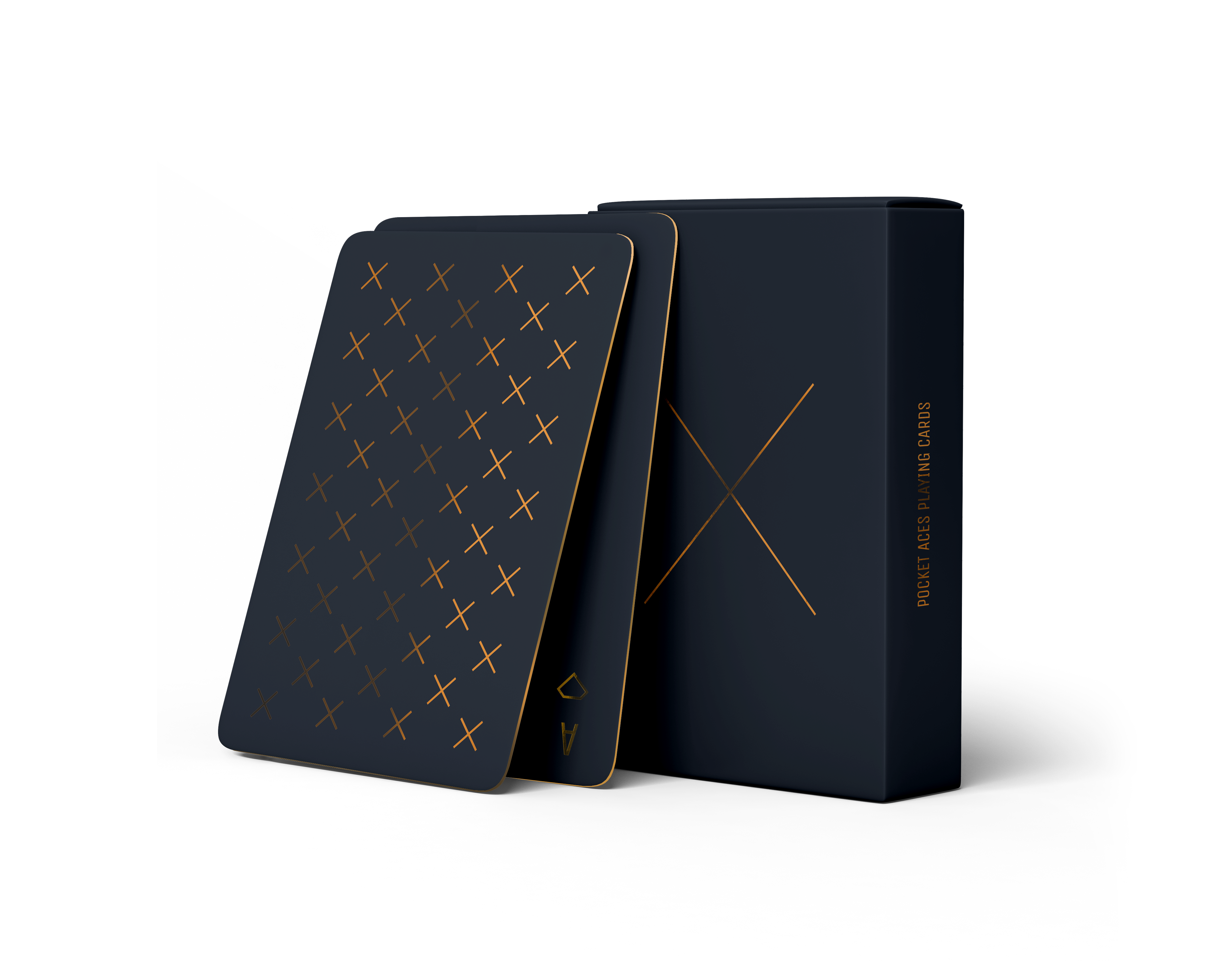 A deck of playing cards and its associated box. The cards and box are navy with copper foiled accents. The cards have a pattern consisting of the letter X and the box has a single large X on it.