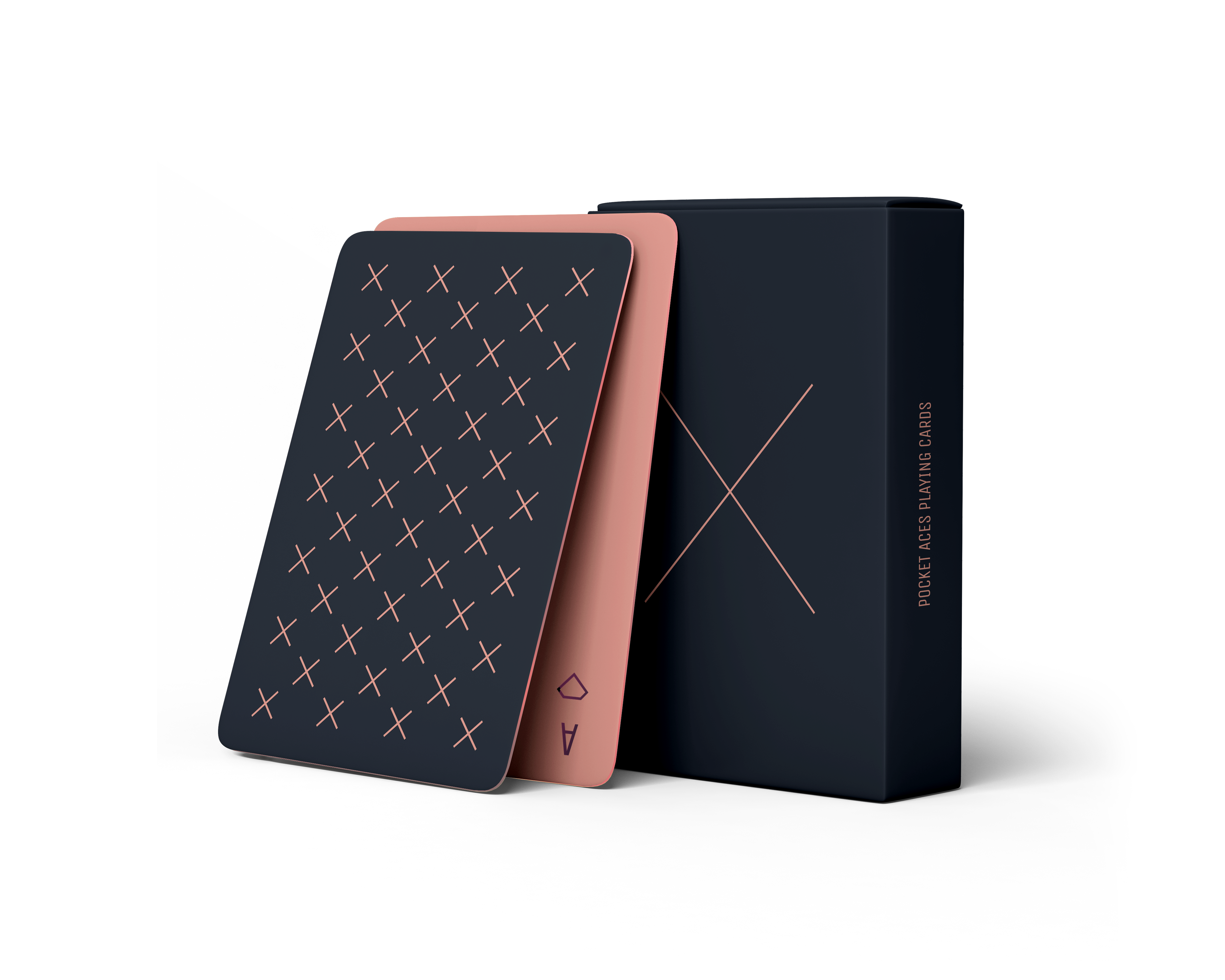 A deck of playing cards and its associated box. The cards and box are navy with coral colored foiled accents. The cards have a pattern consisting of the letter X and the box has a single large X on it.