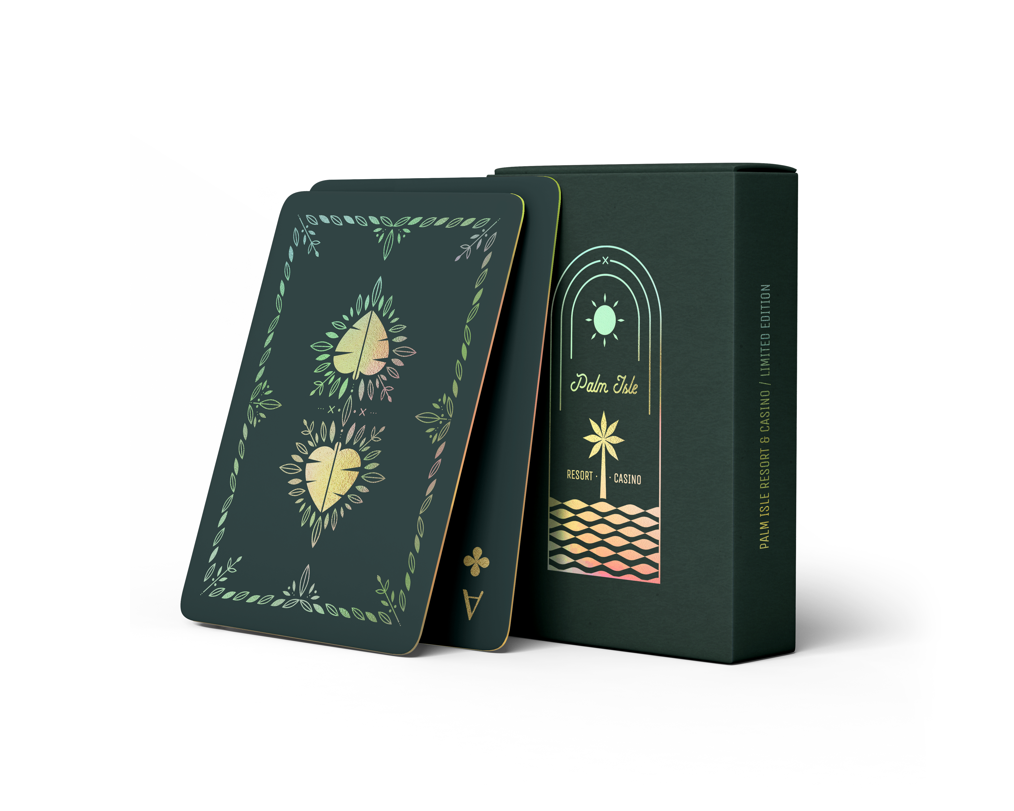 A green deck of playing cards featuring dual palm fronds and leaves on the card back .