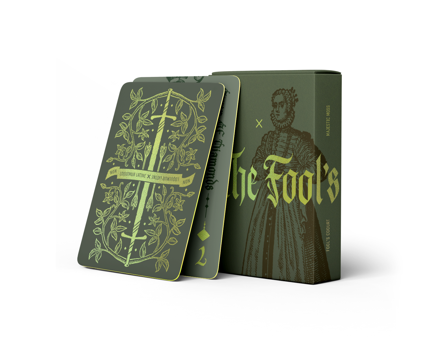 A green deck of cards with medieval styling