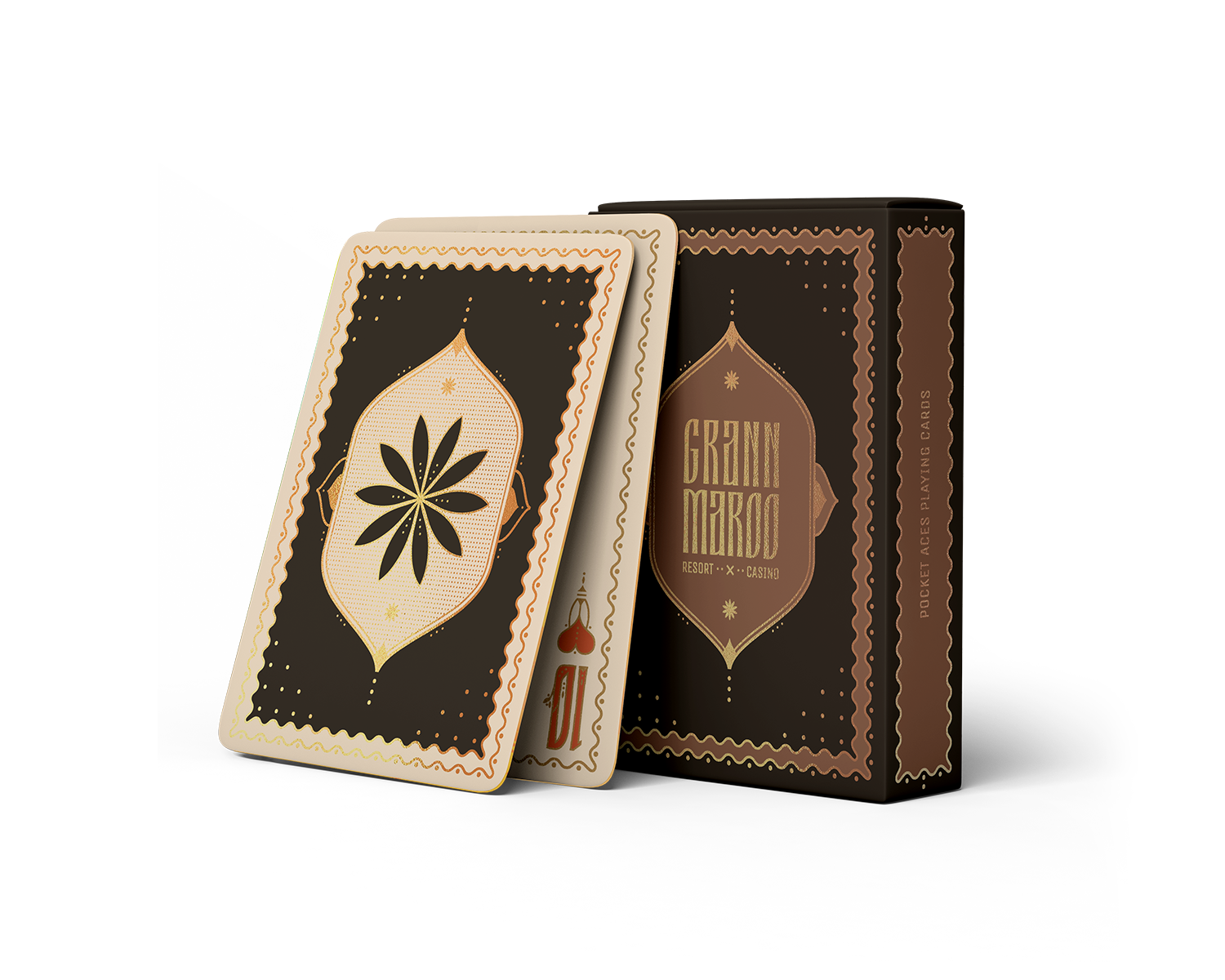 A beautiful 70's inspired deck of cards in a brown tuck box