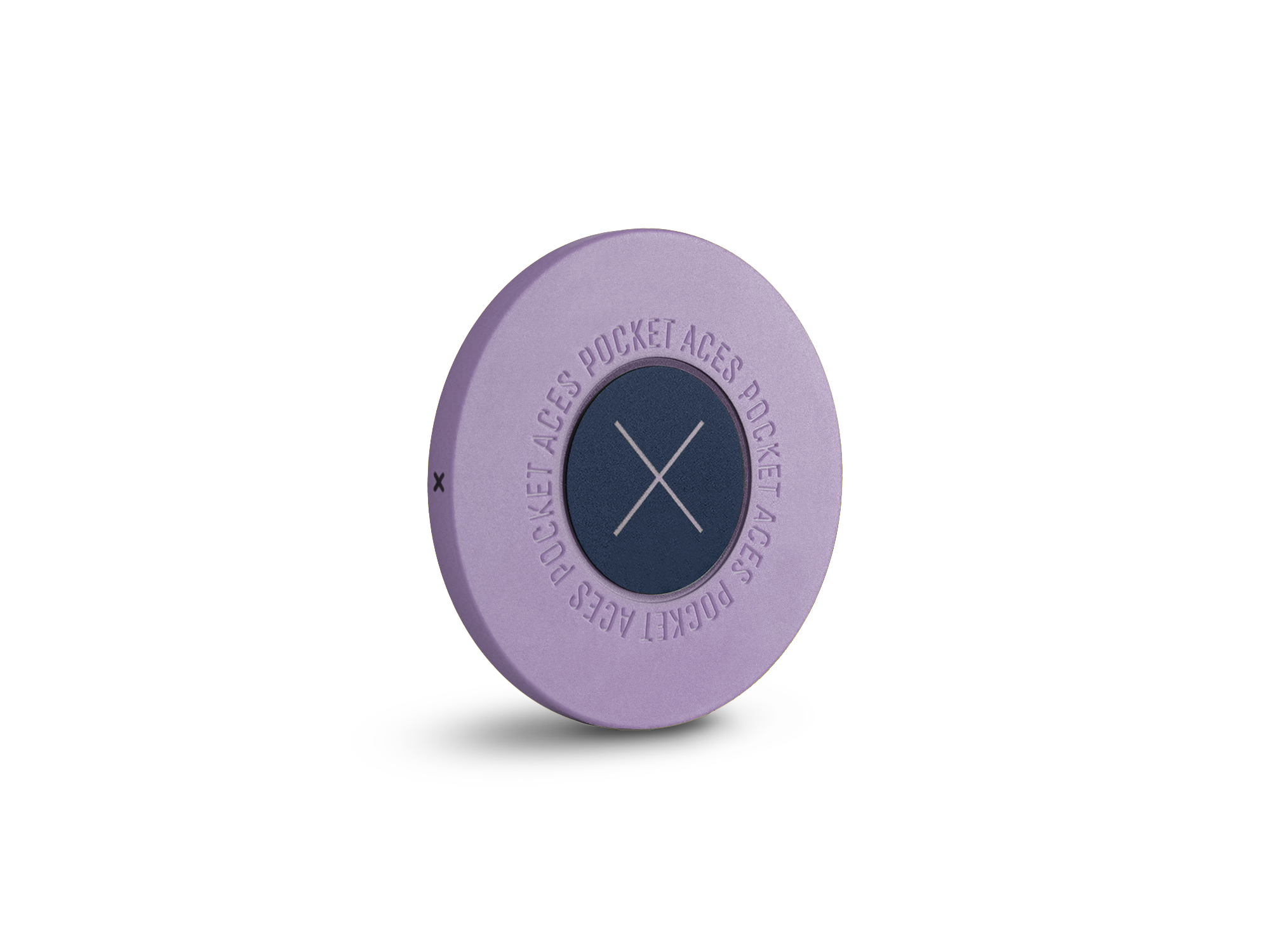A lilac colored poker chip standing on it's edge