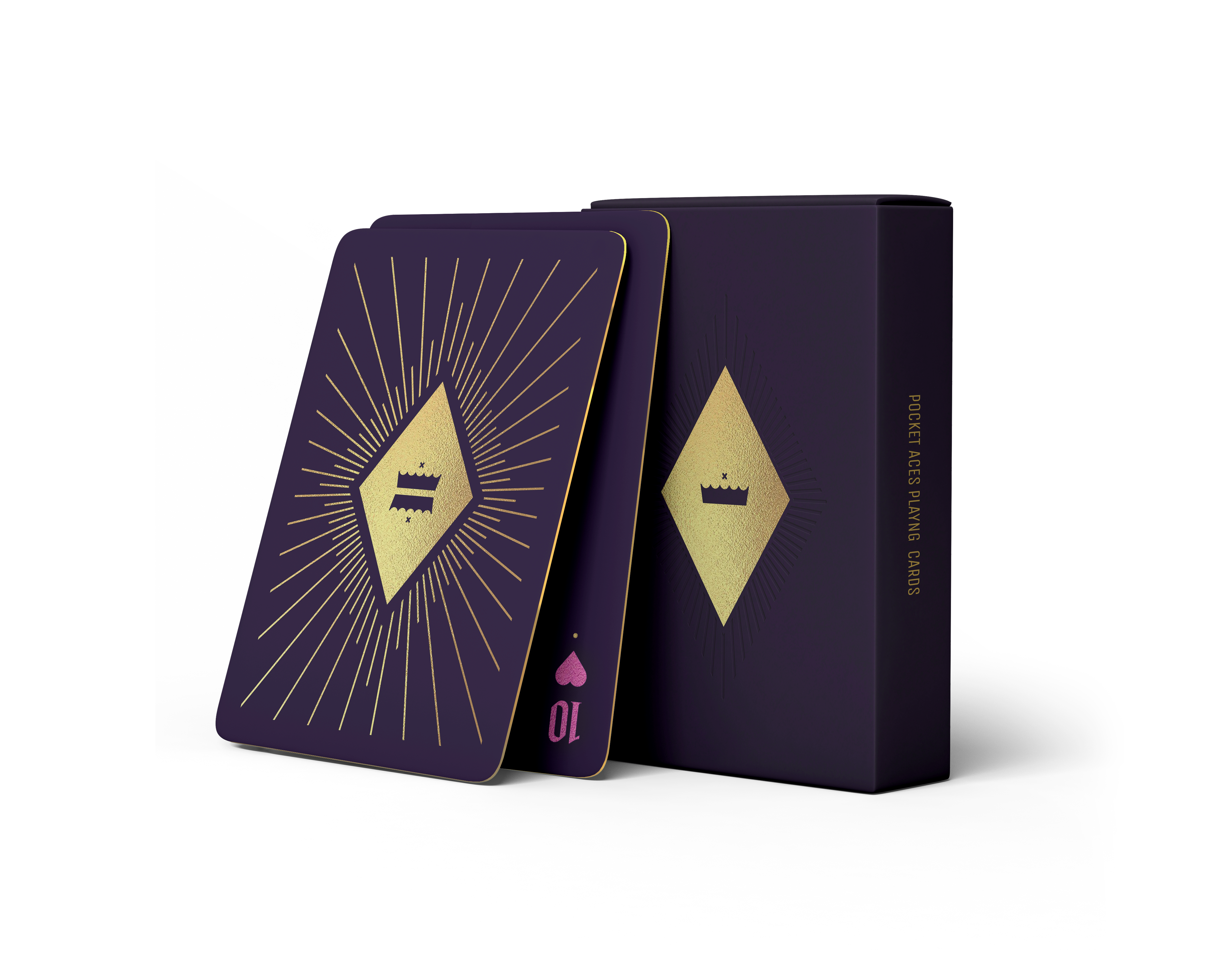A purple deck of playing cards featuring dual crowns on the card back.