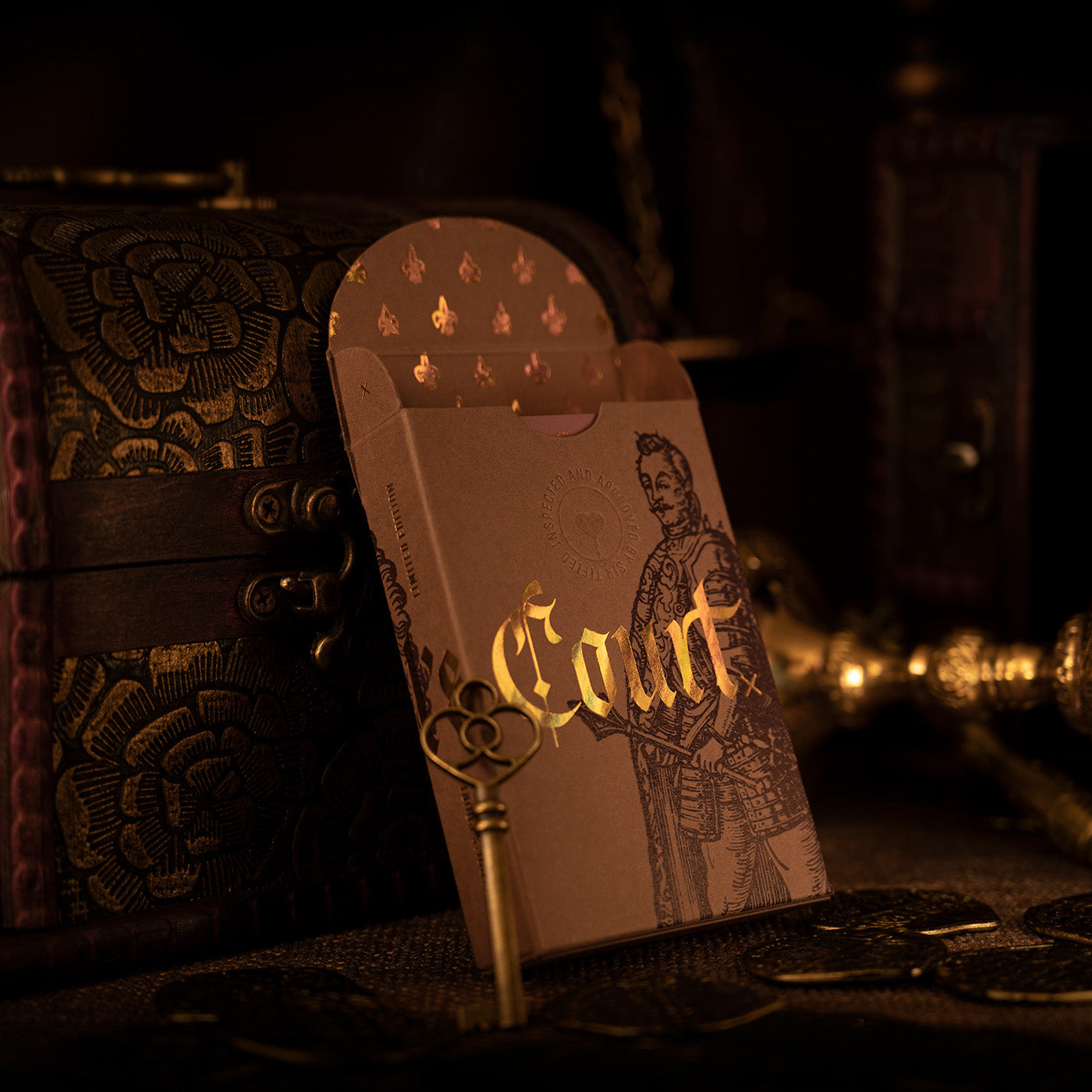 A playing card box with medieval styling