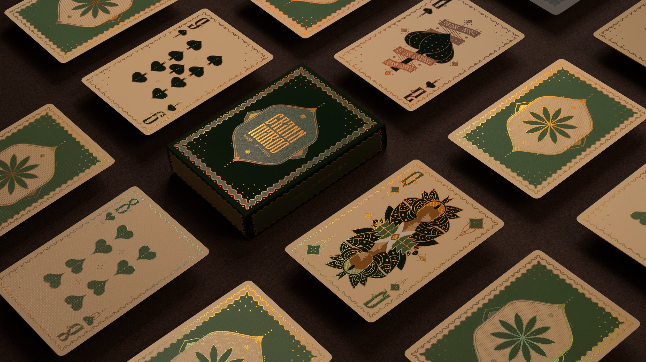 A deck of green playing cards on a brown background
