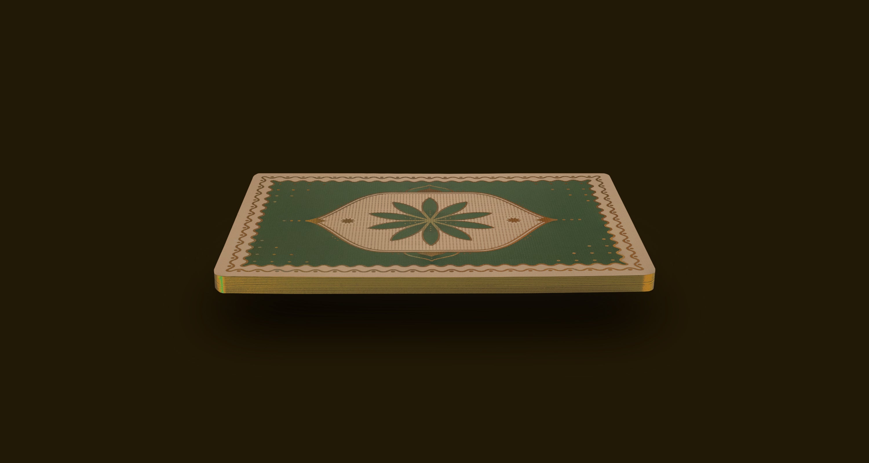 A floating card back on a brown background