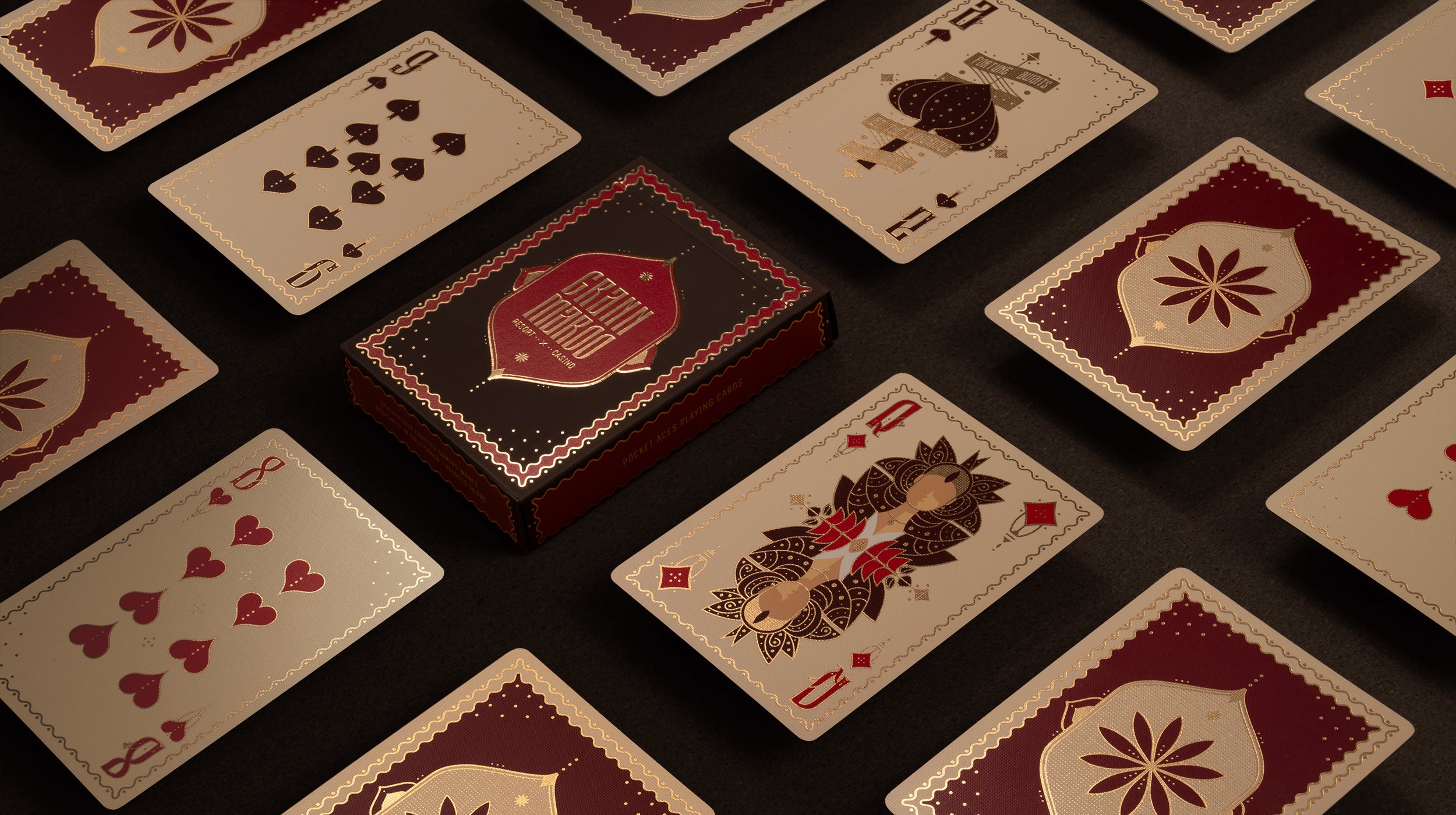 A deck of red playing cards on a brown background