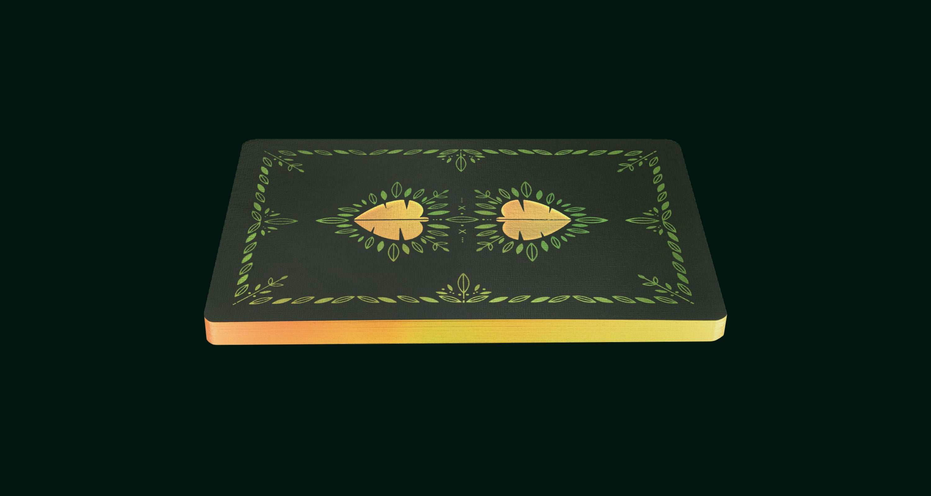 A floating card back on a dark green background